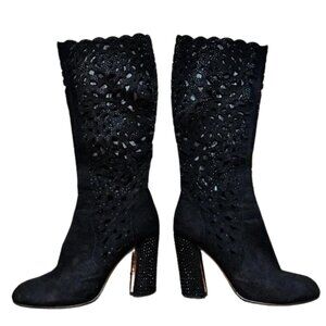 Black Suede Knee-High Boots with Cutout Design size 37